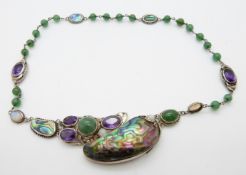 Arts and Crafts necklace set with abalone, opals, amethysts and adventurine quartz,