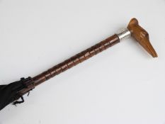Edwardian parasol with carved horn greyhound handle, hallmarked silver collar, Birmingham 1911,
