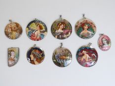 Eight Russian hand painted mother of pearl pendants