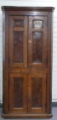 18th / 19thC oak and yew or fruitwood corner cupboard with inlaid decoration H198cm