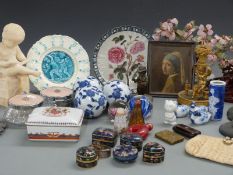 19thC gilt cherub candleholder, bijouterie, cloisonné pill boxes, nodding figural pin tray,