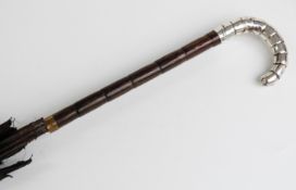 Edwardian parasol with hallmarked silver faux bamboo crook handle, London 1904,