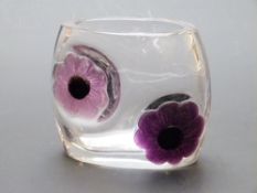 Daum Coppelia clear glass vase with applied pink and purple pate de verre flowers, 12cm tall.