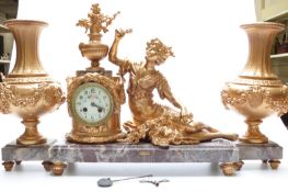 French 19thC gilt metal ormolu style figural mantel clock garniture featuring 'Fleur de Mai' lady