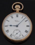 Waltham 9ct gold open faced keyless winding pocket watch with Roman numerals,