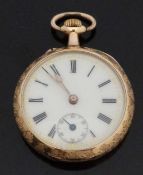 14ct gold open faced keyless winding pocket watch with inset subsidiary seconds dial, gold hands,