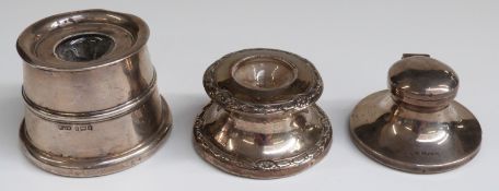 Three hallmarked silver inkwells including a small capstan example, diameter 6.