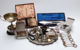 A collection of silver plate including tray, trophy,