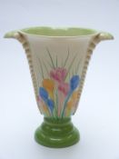 Clarice Cliff twin-handled pedestal vase decorated with Spring Crocus,