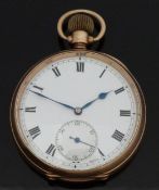 9ct gold open faced keyless winding pocket watch with Roman numerals, inset subsidiary seconds dial,