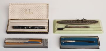 Art Deco pen tray with cast model of HMS Vanguard, pens including Parker Victory,