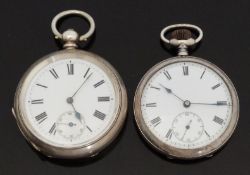 Two continental silver open faced pocket watches both with Roman numerals,