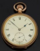 Moeris gold plated open faced keyless winding pocket watch with inset subsidiary seconds dial,