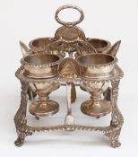 Georgian hallmarked silver four person egg set with gadrooned decoration, cups and stand,