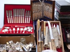 Three boxes of silver plated flatware, some bone handled sets,