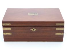 A 19thC brass inlaid mahogany writing slope with campaign handles, width 40.
