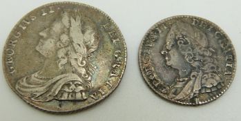 George II 1728 young head Roses and Plumes shilling, GF, together with a 1757 old head,