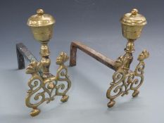 Pair of 19thC brass fire dogs with pierced decoration