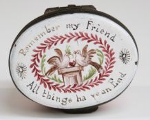 Bilston or similar enamel pill box with 'Remember My Friend All Things Have An End' to lid, width 5.