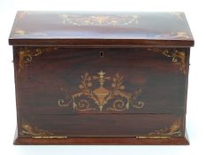 19th/20thC inlaid rosewood stationery/ writing box or slope with leather inlaid fall front and