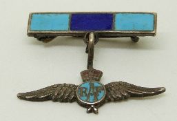 A silver RAF sweetheart brooch decorated with blue enamel