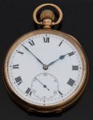 9ct gold open faced keyless winding pocket watch with Roman numerals, stepped face,