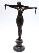 Large Art Deco style bronze figure of a semi clad lady with arms outstretched,