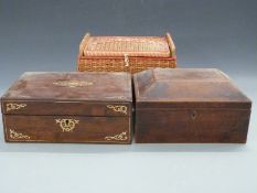 19thC brass inlaid workbox, mahogany casket and a wicker workbox,