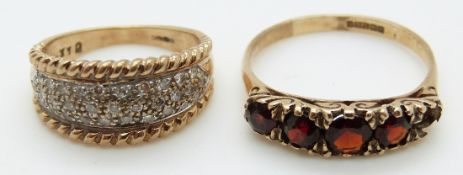 A 9ct gold ring set with garnets together with another 9ct gold ring set with diamonds