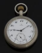 Omega open faced keyless winding pocket watch with Arabic numerals, inset subsidiary seconds dial,