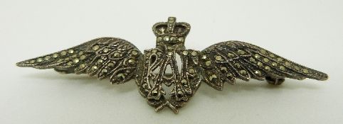 A silver RAF sweetheart brooch set with marcasite,