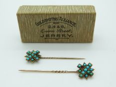 Victorian pair of 9ct gold stick pins set with turquoise in a star design, 3.