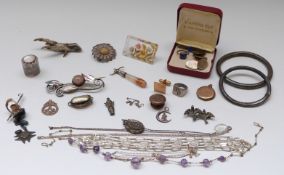 A pair of silver cufflinks, silver pot, lucite brooch, Masonic charm, silver cufflinks,