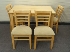 Contemporary beech or similar dining table L122 x D76 x H77cm and four upholstered chairs