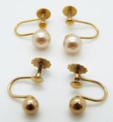 A pair of 9ct gold earrings and a pair of 9ct gold earring by Lotus set with a faux pearl to each,