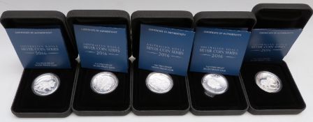 Perth Mint Australia koala silver coins, five in all,