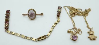 Two 9ct gold chains, 9ct gold teddy pendant and another pendant (6.