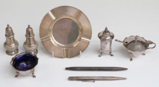 Hallmarked silver ashtray, pair of Victorian hallmarked silver peppers and a silver mustard spoon,