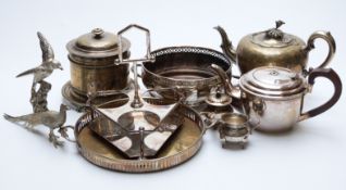 Quantity of silver plated items including Art Deco style bottle stand, biscuit barrel,