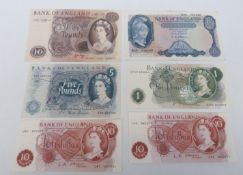 A collection of Bank of England uncirculated bank notes to include Page £10, £1, 1957 O'Brien £5,