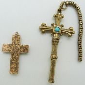 A Victorian yellow metal cross pendant with propelling pencil feature and a 9ct rose gold cross, 1.