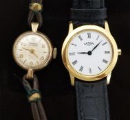 Two ladies wristwatches one Griffon 9ct gold with gold hands and Arabic numerals on brown leather