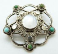 Arts and Crafts brooch set with mother of pearl and turquoise by William Haseler (unmarked), 3.