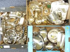 Three boxes of silver plate and other metalware including teaware, jugs, serving dishes,