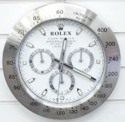 Rolex jewellers' display wall clock, 'Oyster Perpetual' to white multifunctional effect dial,
