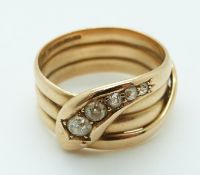 Edwardian 18ct gold snake ring set with five graduated old cut diamonds,