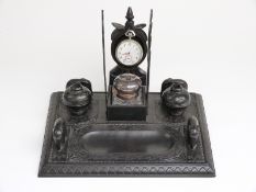 Anglo Indian figural elephant ebony standish/watch stand with double inkwell