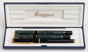 Waterman Ideal fountain and ballpoint pen set with green marbled barrels and caps and gold plated