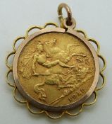 A 1912 gold half sovereign in a 9ct gold pendant clip mount, 5.