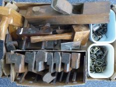 A quantity of vintage woodworking tools including moulding planes, drill chuck,